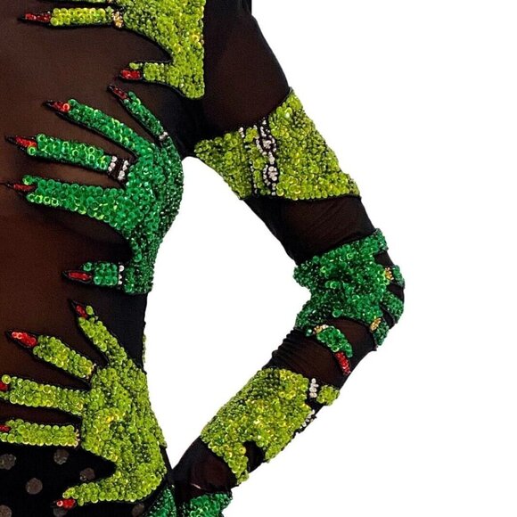 DISCOUNT UNIVERSE ELIXIR GREEN SEQUIN HANDS MINI MESH DRESS RAVE FESTIVAL PARTY - Picture 6 of 11
